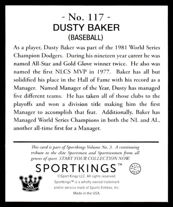 Dusty Baker 2022 Sportskings Volume 3 Mini Back of Card