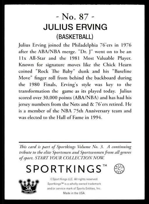 Julius Erving 2022 Sportskings Volume 3 Base Back of Card