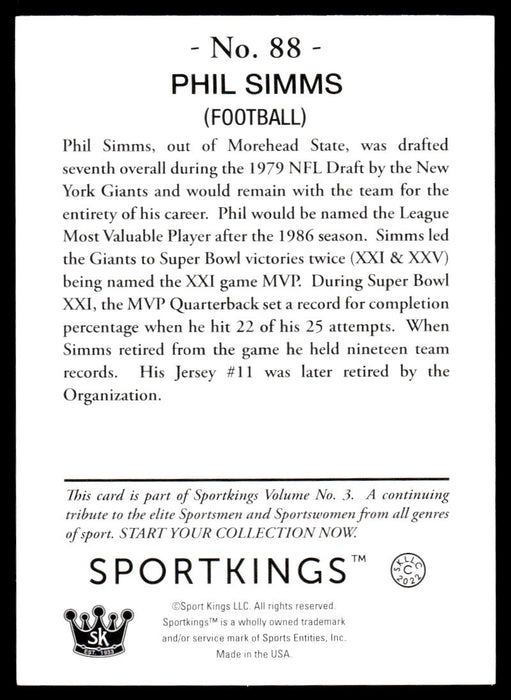 Phil Simms 2022 Sportskings Volume 3 Base Back of Card