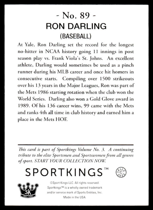 Ron Darling 2022 Sportskings Volume 3 Base Back of Card