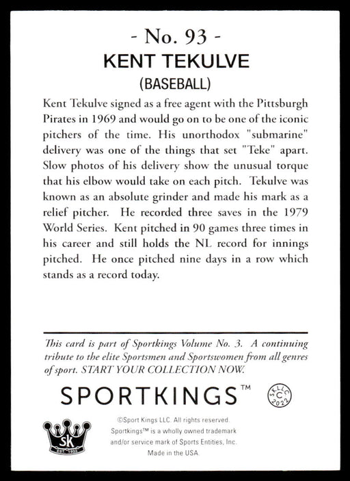 Kent Tekulve 2022 Sportskings Volume 3 Base Back of Card