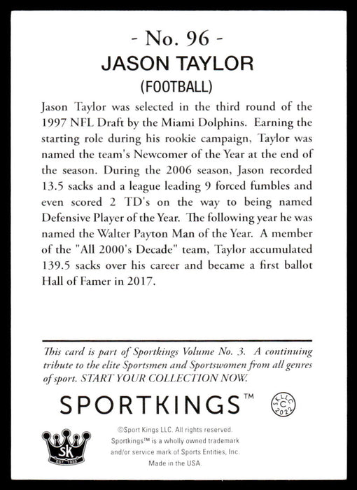 Jason Taylor 2022 Sportskings Volume 3 Base Back of Card