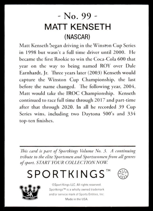 Matt Kenseth 2022 Sportskings Volume 3 Base Back of Card