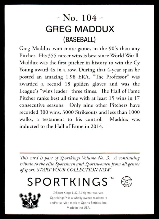 Greg Maddux 2022 Sportskings Volume 3 Base Back of Card