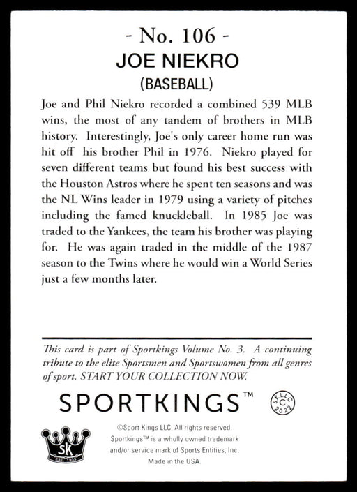 Joe Niekro 2022 Sportskings Volume 3 Base Back of Card