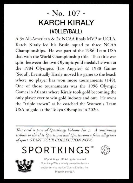 Karch Kiraly 2022 Sportskings Volume 3 Base Back of Card