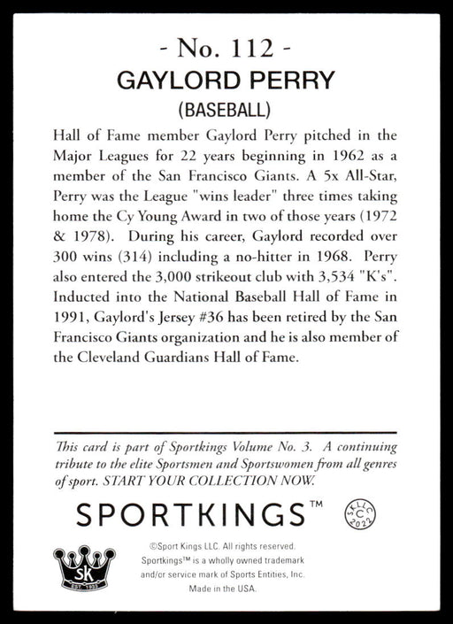 Gaylord Perry 2022 Sportskings Volume 3 Base Back of Card