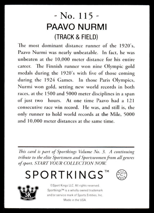 Paavo Nurmi 2022 Sportskings Volume 3 Base Back of Card