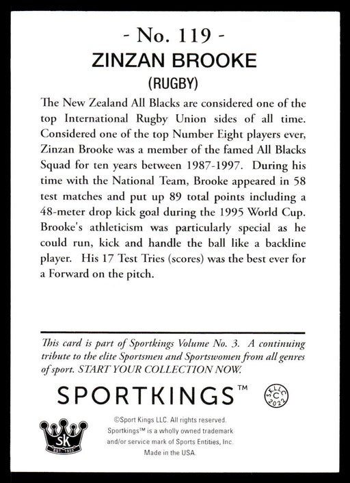 Zinzan Brooke 2022 Sportskings Volume 3 Base Back of Card