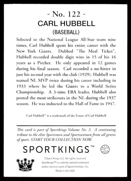 Carl Hubbell 2022 Sportskings Volume 3 Base Back of Card