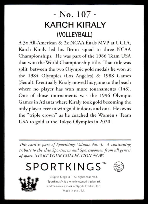 Karch Kiraly 2022 Sportskings Volume 3 Blue Back of Card