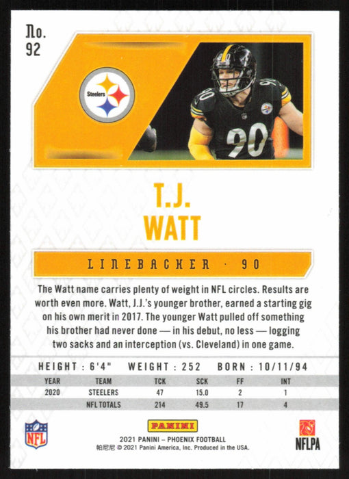 T.J. Watt 2021 Panini Phoenix # 92 Pittsburgh Steelers Base - Collectible Craze America