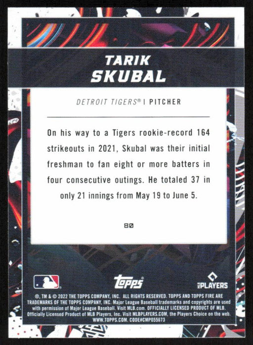 Tarik Skubal 2022 Topps Fire Baseball # 80 Detroit Tigers Base - Collectible Craze America