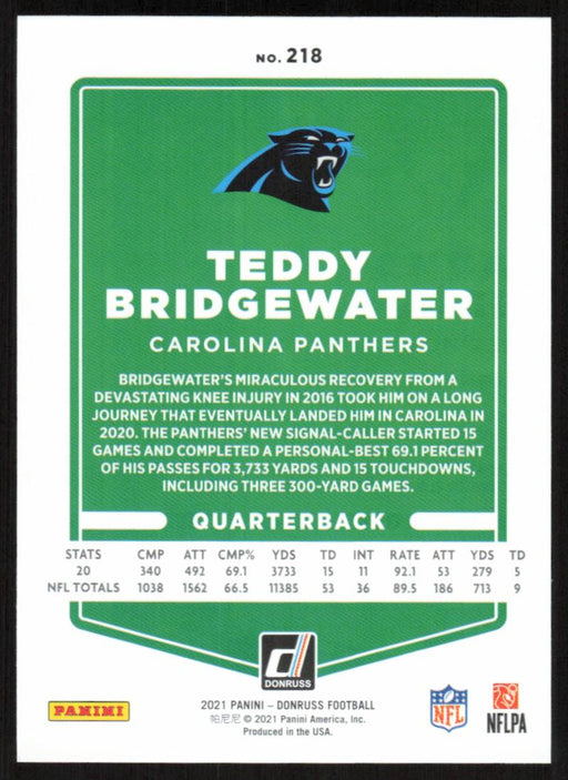 Teddy Bridgewater 2021 Donruss Football # 218 Carolina Panthers Base - Collectible Craze America
