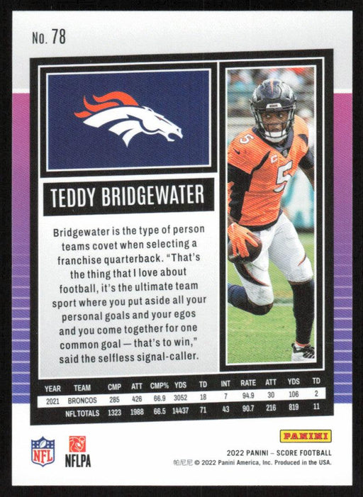 Teddy Bridgewater 2022 Panini Score Football # 78 Base Denver Broncos - Collectible Craze America