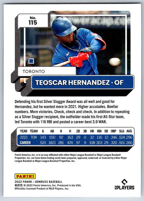 Teoscar Hernandez 2022 Donruss Baseball # 115 Toronto Blue Jays - Collectible Craze America