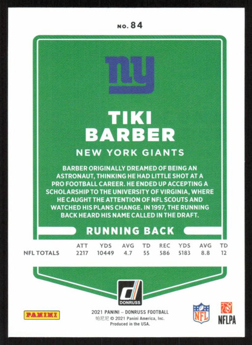 Tiki Barber 2021 Donruss Football # 84 New York Giants Base - Collectible Craze America