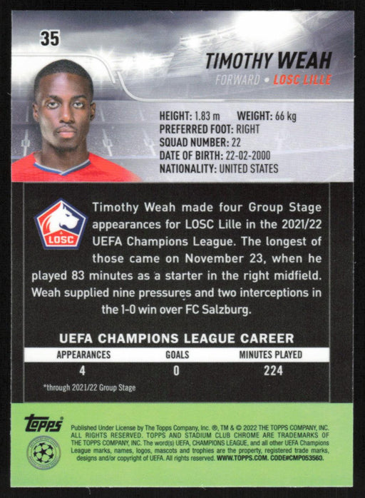 Timothy Weah 2021 Topps Stadium Club Chrome UEFA Champions League # 35 LOSC Lille Base - Collectible Craze America