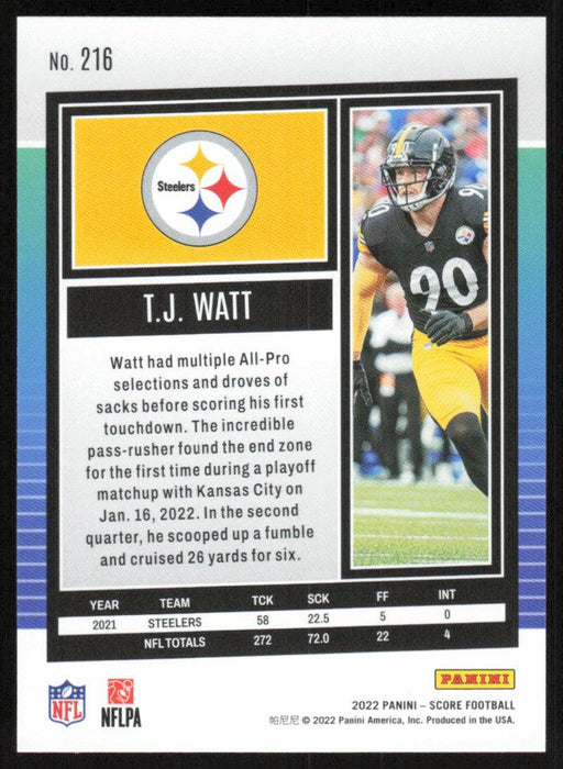 TJ Watt 2022 Panini Score Football # 216 Base Pittsburgh Steelers - Collectible Craze America