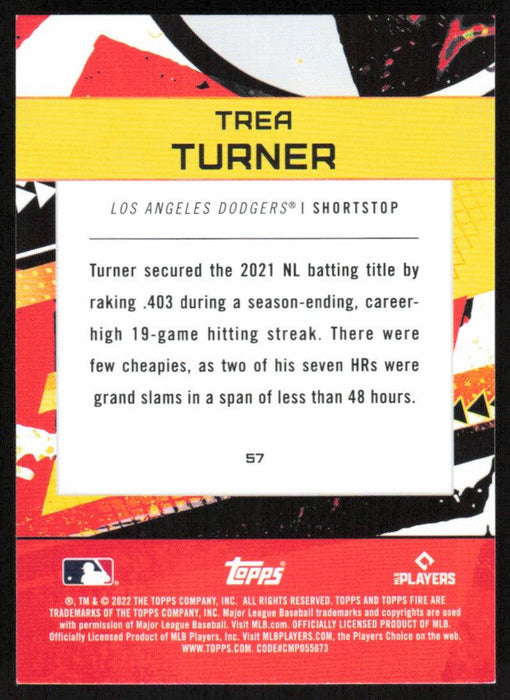 Trea Turner 2022 Topps Fire Baseball # 57 Los Angeles Dodgers Base - Collectible Craze America