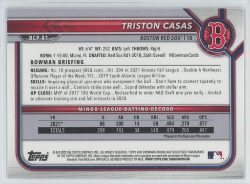 Triston Casas 2022 Bowman Chrome Prospects # BCP-81 Boston Red Sox - Collectible Craze America