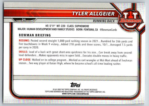 Tyler Allgeier 2021 Bowman University Football # 21 BYU Cougars 1st Bowman - Collectible Craze America