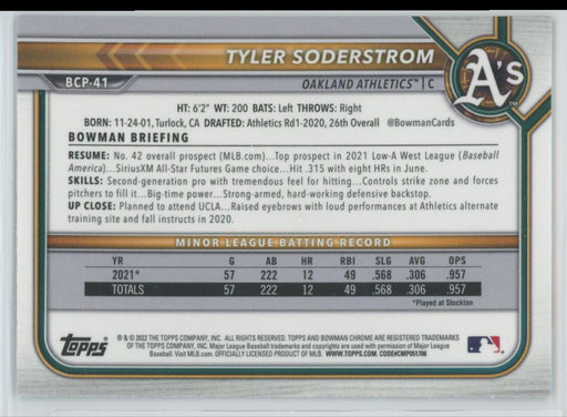 Tyler Soderstrom 2022 Bowman Chrome Prospects # BCP-41 Oakland Athletics - Collectible Craze America