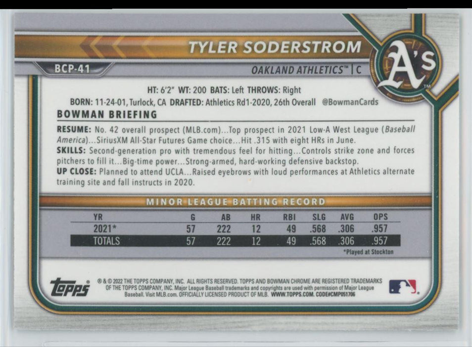 Tyler Soderstrom 2022 Bowman Chrome Prospects # BCP-41 Oakland Athletics - Collectible Craze America