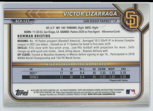 Victor Lizarraga 2022 Bowman Chrome Prospects # BCP-127 1st Bowman San Diego Padres - Collectible Craze America