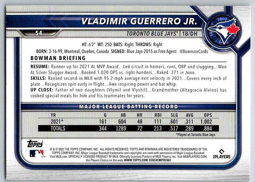 Vladimir Guerrero Jr. 2022 Bowman # 54 Toronto Blue Jays - Collectible Craze America