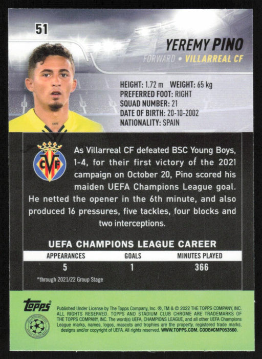 Yeremy Pino 2021 Topps Stadium Club Chrome UEFA Champions League # 51 Villarreal CF Base - Collectible Craze America