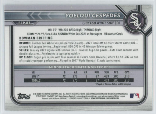 Yoelqui Cespedes 2022 Bowman Chrome Prospects # BCP-87 Chicago White Sox - Collectible Craze America