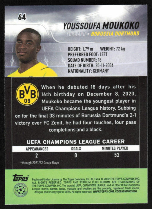 Youssoufa Moukoko 2021 Topps Stadium Club Chrome UEFA Champions League # 64 Borussia Dortmund Base - Collectible Craze America