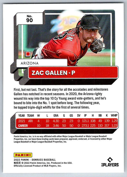 Zac Gallen 2022 Donruss Baseball # 90 Arizona Diamondbacks - Collectible Craze America