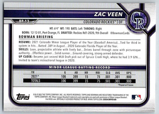 Zac Veen 2022 Bowman Prospects # BP-13 Colorado Rockies - Collectible Craze America