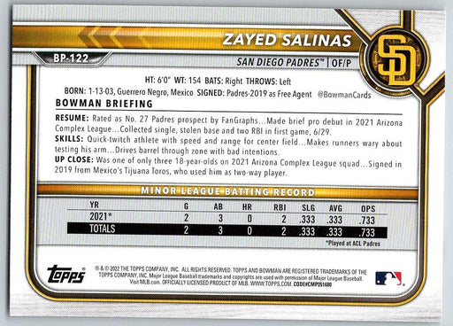 Zayed Salinas 2022 Bowman Prospects # BP-122 1st Bowman San Diego Padres - Collectible Craze America